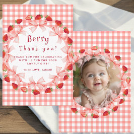 Cartão De Agradecimento Coquette Berry First Birthday Red Gingham Photo