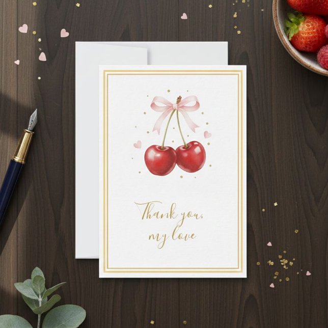 Cartão De Agradecimento Coquette Cherry Thank You Card Pink Bow Gold (Criador carregado)