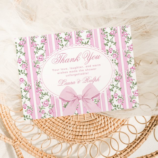Cartão De Agradecimento Coquette Floral Bow frame Blush Baby shower (Criador carregado)