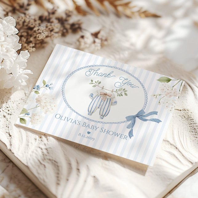Cartão De Agradecimento Coquette French Clothesline Baby Boy Shower (Criador carregado)