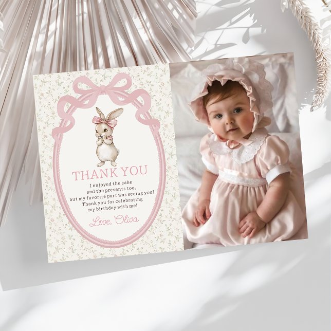 Cartão De Agradecimento Coquette Pink Bow Bunny Birthday Thank You Card (Criador carregado)