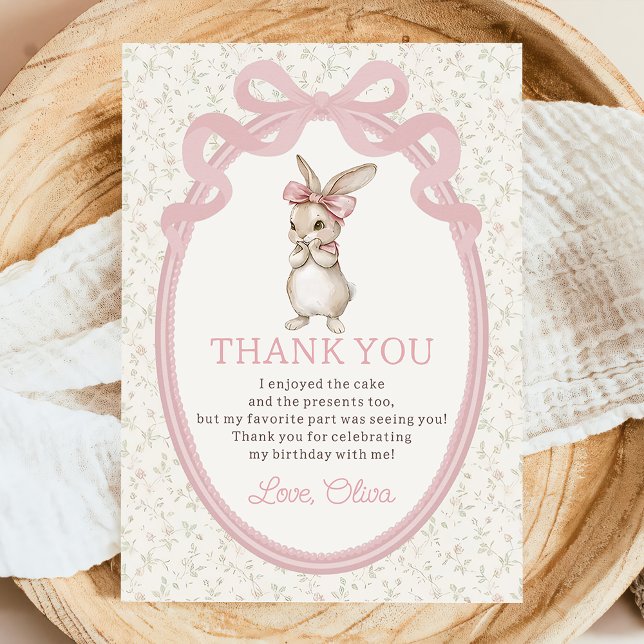 Cartão De Agradecimento Coquette Pink Bow Bunny Birthday Thank You Card (Criador carregado)