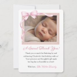 Cartão De Agradecimento Coquette Pink Bow First Birthday Photo Invitation