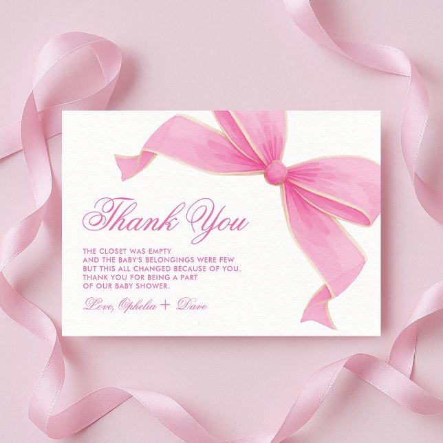 Cartão De Agradecimento Coquette Pink Bow Roses Cottagecore Baby Shower (Criador carregado)