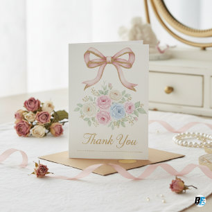 Cartão De Agradecimento Coquette Rosa Laço Aquarela Floral Dourado