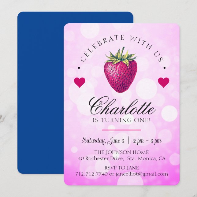 Cartão De Agradecimento Coração de Morango Aniversariante Rosa (Frente/Verso)