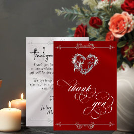 Cartão De Agradecimento Coração de Prata & Caligrafia em Vermelho/Branco