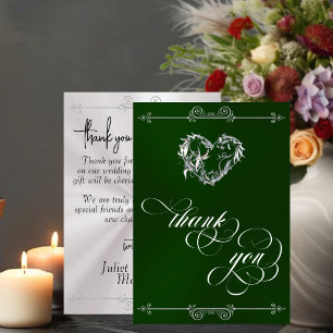 Cartão De Agradecimento Coração de Prata e Caligrafia em Esmeralda/Branco
