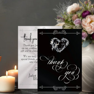 Cartão De Agradecimento Coração de Prata e Caligrafia em Preto/Branco