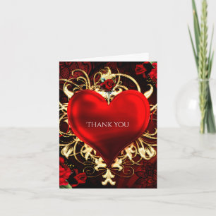 Cartão De Agradecimento Coração Floral Ornamental Preto Vermelho & Dourado
