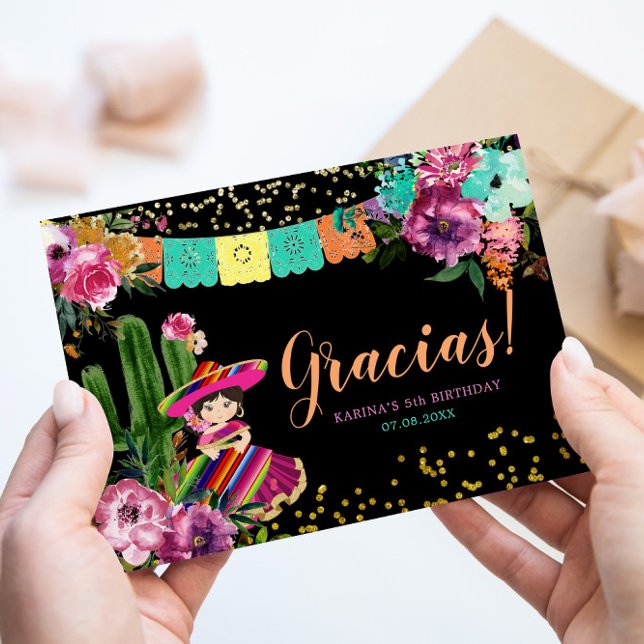 Cartão De Agradecimento Coração Negra Mexicana Fiesta Floral Birthday (Criador carregado)