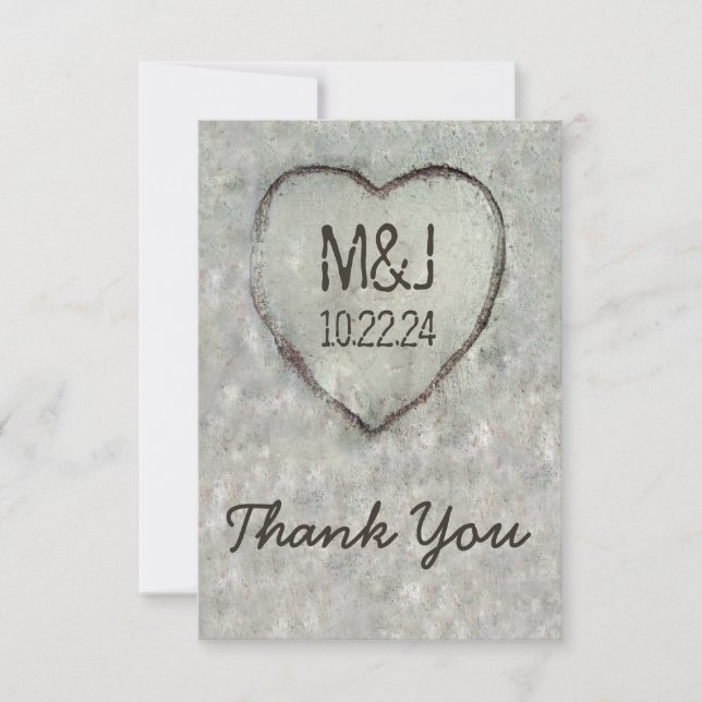 Cartão De Agradecimento Coração Talhado Árvore de Bétula Casamento Obrigad (Frente)