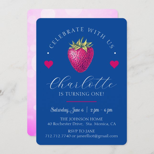 Cartão De Agradecimento Corações de Morango Aniversariante Azul Escuro (Frente/Verso)