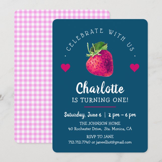 Cartão De Agradecimento Corações de Morango Aniversariante Azul Verde (Frente/Verso)