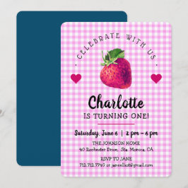 Cartão De Agradecimento Corações de Morango Aniversariante Xadrez Rosa