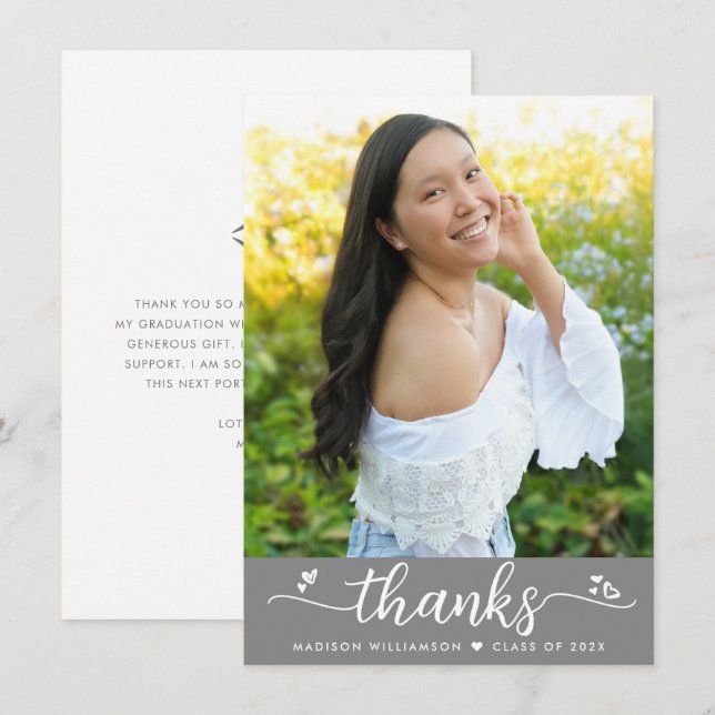 Cartão De Agradecimento Corações de Script Elegante Moderno para Graduação (Frente/Verso)