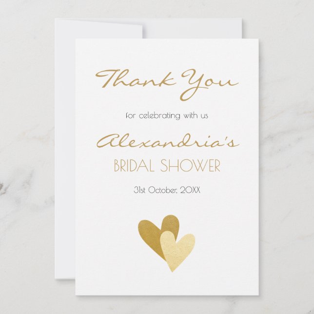 Cartão De Agradecimento Corações Dourados do chá de panela (Frente)