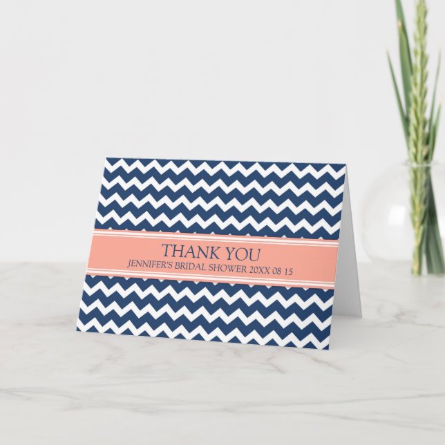 Cartão De Agradecimento Coral Blue Chevron Bridal Shower Thank You Card (Frente)