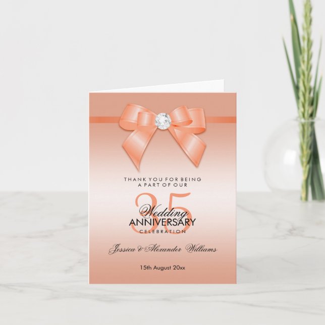 Cartão De Agradecimento Coral Bow & Ribbon 35th Wedding Anniversary (Frente)