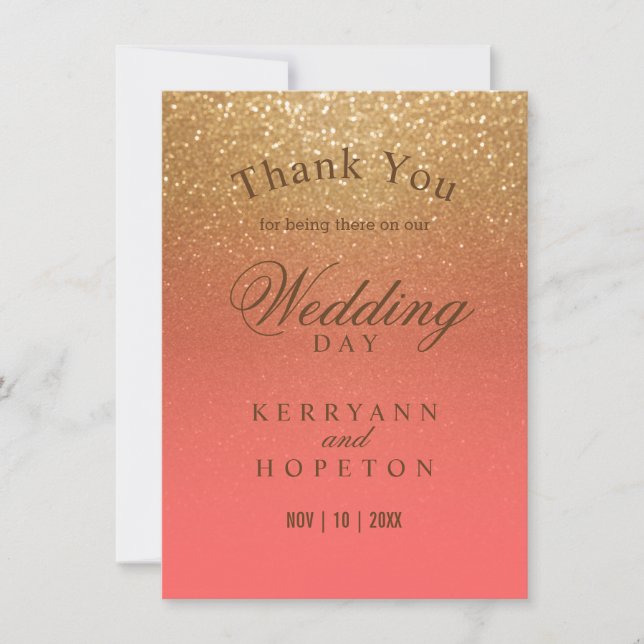 Cartão De Agradecimento Coral e Dourada Glitter - Obrigado (Frente)