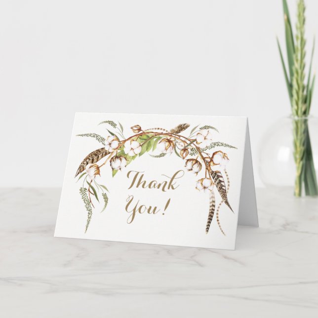 Cartão De Agradecimento Coroa de Algodão Aquarela para Casamento com Penas (Frente)
