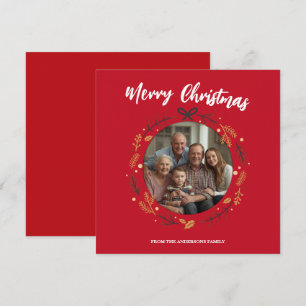 Cartão De Agradecimento Coroa de Natal vermelha simples com nome da famíli