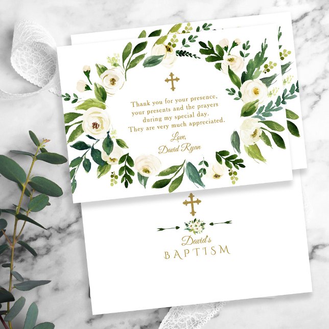 Cartão De Agradecimento Coroa de Peônias Florais Brancas Modernas Batismo (elegant, trendy white flowers baptism thank you card)