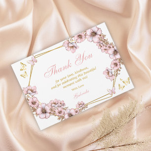 Cartão De Agradecimento Coroa de Tiarra Dourada Rosa Borboleta Quinceañera