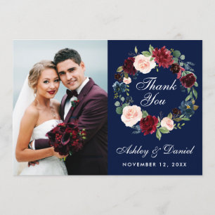 Cartão De Agradecimento Coroa Floral Burgundy Azul Casamento Foto Obrigado
