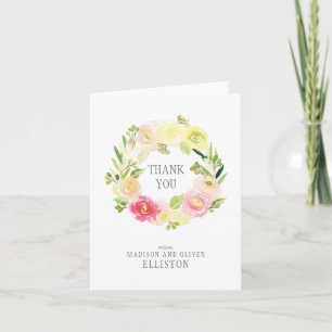 Cartão De Agradecimento Coroa Floral de Aquarela Rosa e Amarela Obrigado