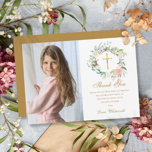 Cartão De Agradecimento Coroa Floral Rosa Confirmação Foto Script Dourado