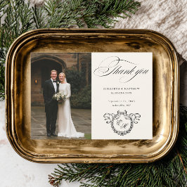 Cartão De Agradecimento Coroa Monograma Caligrafia Elegante Casamento