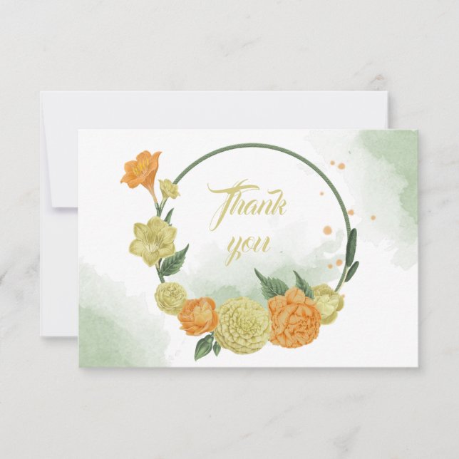 Cartão De Agradecimento coroa verde flores laranja amarelas (Frente)