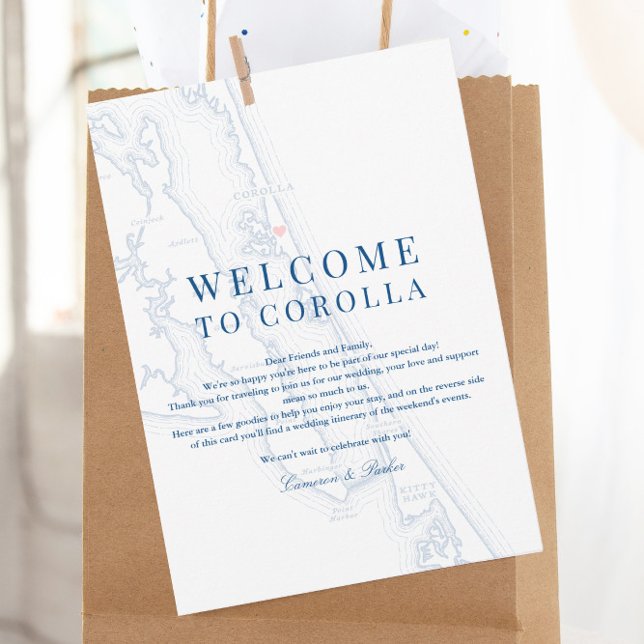 Cartão De Agradecimento Corolla NC Map Wedding Welcome Itinerary Navy Blue (Corolla NC Map Wedding Welcome Letter Weekend Itinerary in Elegant Navy Blue by Coastal Map Designs)