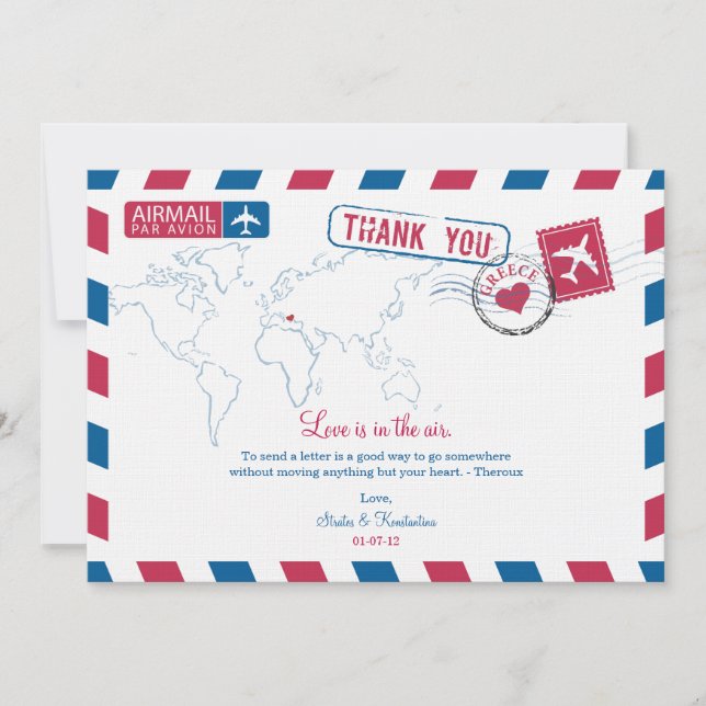 Cartão De Agradecimento Correio Aéreo Casamento Obrigado Grécia (Frente)
