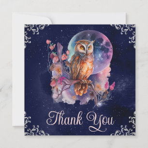 Cartão De Agradecimento Coruja de Fantasia Celestial em Aquarela Vintage