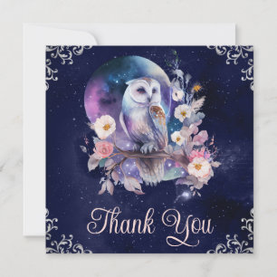 Cartão De Agradecimento Coruja de Fantasia Celestial em Aquarela Vintage
