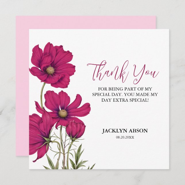 Cartão De Agradecimento Cosmos Rosa Escuro Floral Obrigado (Frente/Verso)