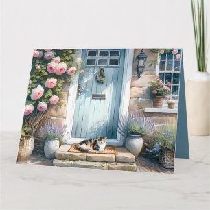 Cartão De Agradecimento Cottagecore Floral Varanda Gato Calico Quieta Graç