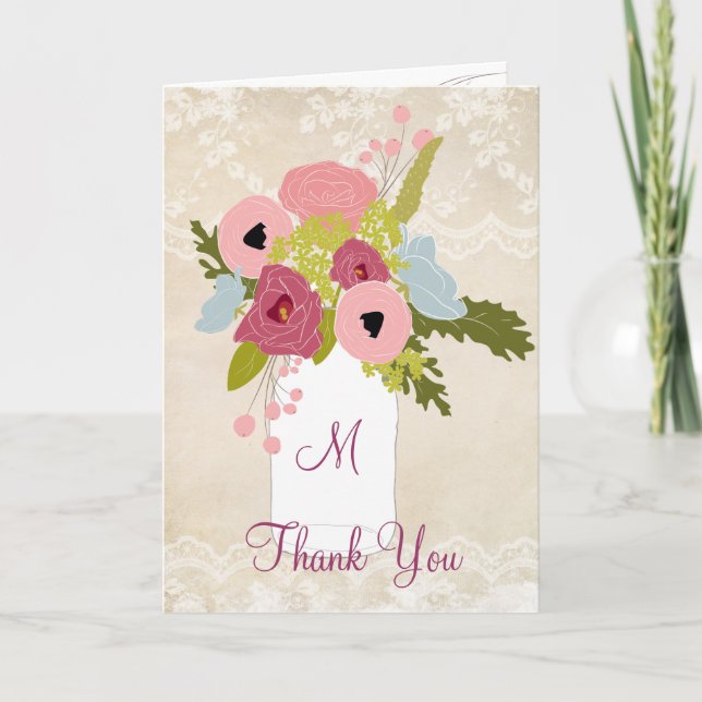 Cartão De Agradecimento Country Burlap Lace Mason Jar Obrigado (Frente)