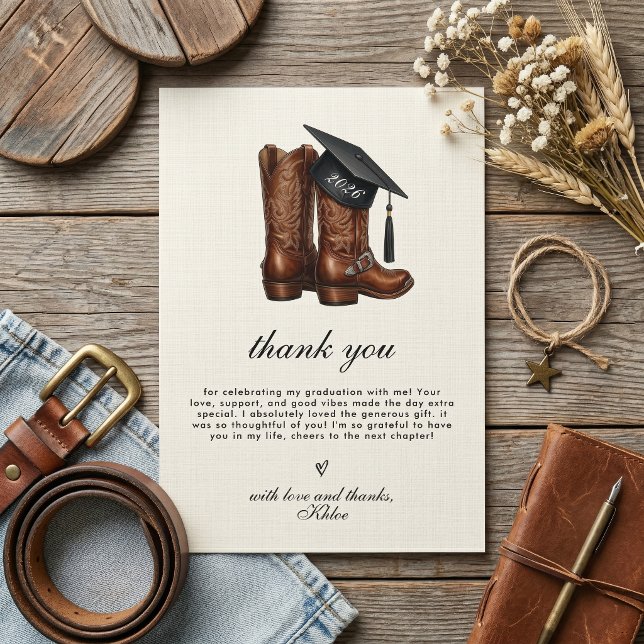 Cartão De Agradecimento Country Chic Cowgirl Boots and Cap Graduation (Country Chic Graduation Thank You Card)