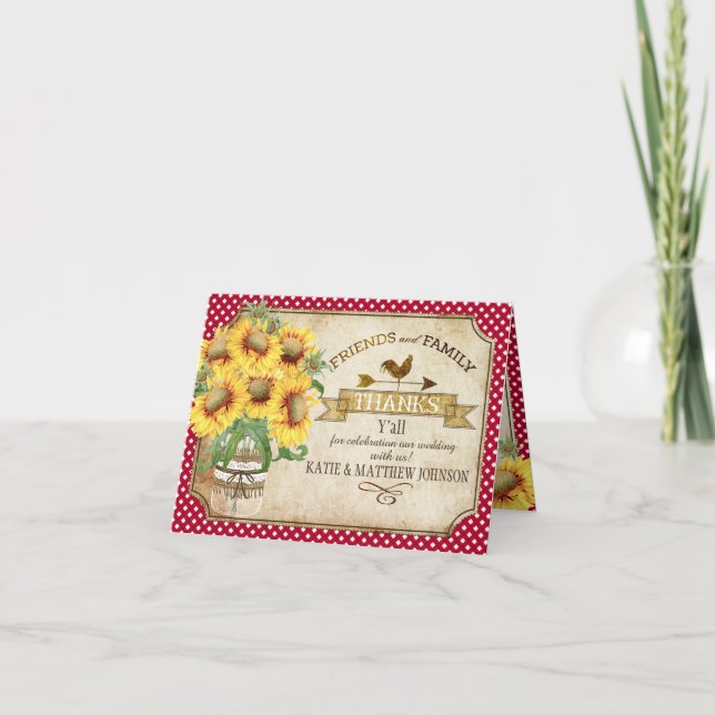Cartão De Agradecimento Country Sunflowers Gingham Check Rustic Thank You (Frente)