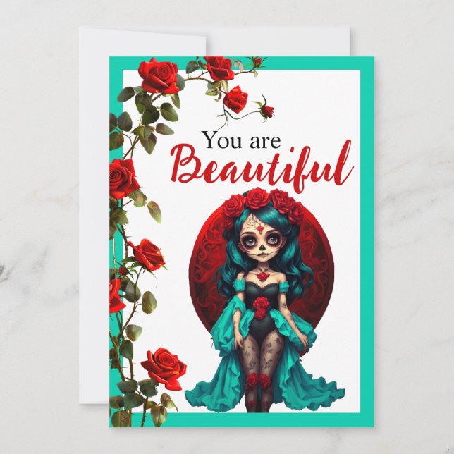 Cartão De Agradecimento Crânios de açúcar de chá e Rosas vermelhas (Frente)