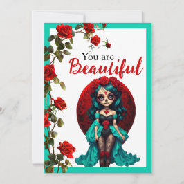 Cartão De Agradecimento Crânios de açúcar de chá e Rosas vermelhas