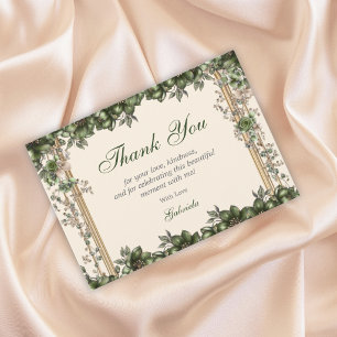 Cartão De Agradecimento Cream e Verde Tiara Floral Dourada Quinceañera