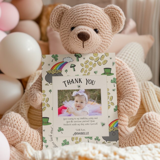 Cartão De Agradecimento Cream Irish Rainbow Clovers & Hearthday (Fun & Whimsical Pot of Gold Baby St. Patrick's Day Thank You Card  with Custom Photo and Text. )