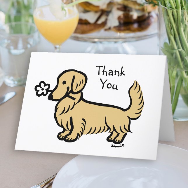 Cartão De Agradecimento Creme Longa Cabeça Dachshund Pequena Flor (Long Haired Cream Dachshund Tiny Flower Thank You Card for Doxie owners.  Cute Dog Cartoon.)