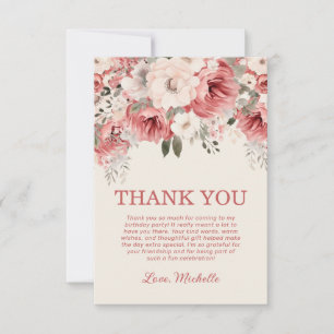 Cartão De Agradecimento Creme Vermelho Rosa Watercolor Floral Aniversário