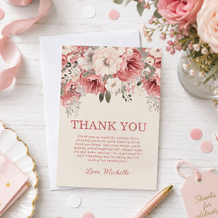 Cartão De Agradecimento Creme Vermelho Rosa Watercolor Floral Aniversário