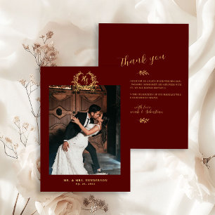 Cartão De Agradecimento Crest Floral Elegante Burgundy Dourado